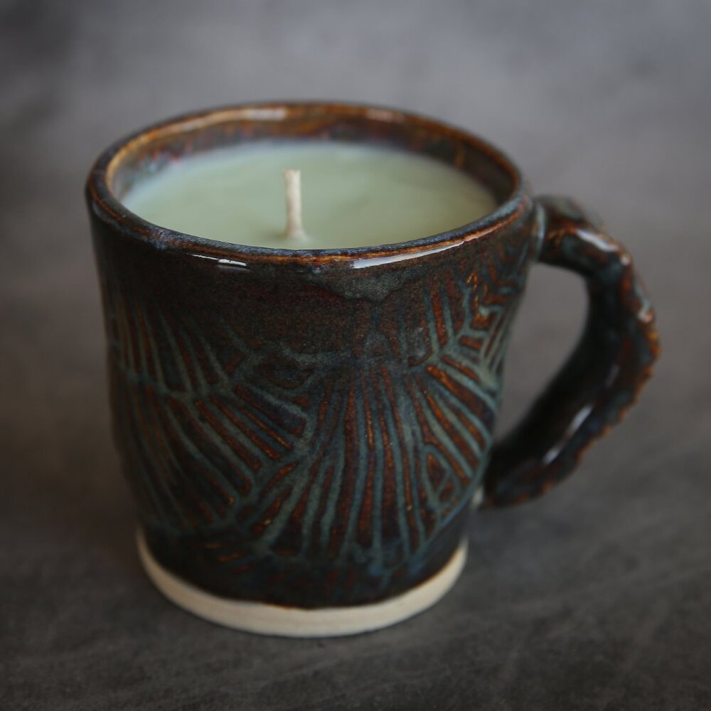 Tree of Life Scented Upcycled Soy Wax Candle in a Handmade Mug